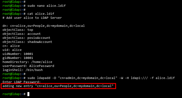 Скриншот создания пользователя alice в OpenLDAP