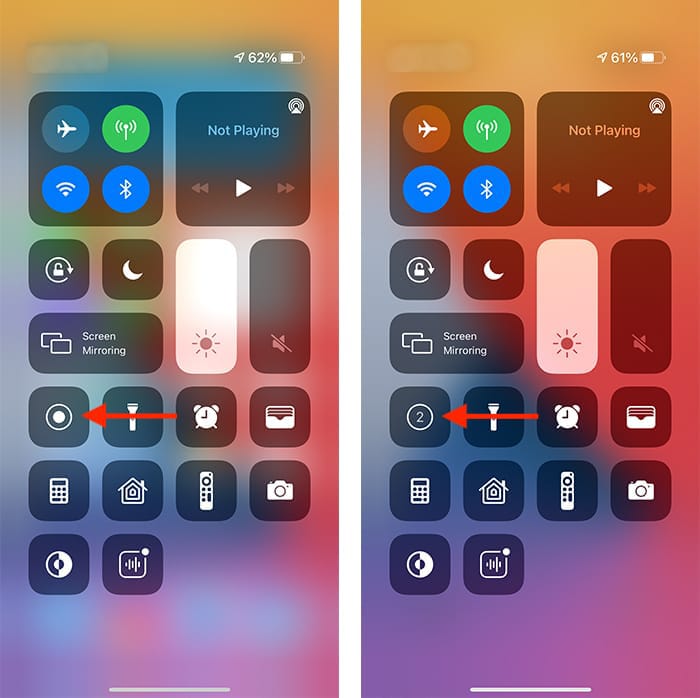 Панель «Пункт управления» с кнопкой записи экрана