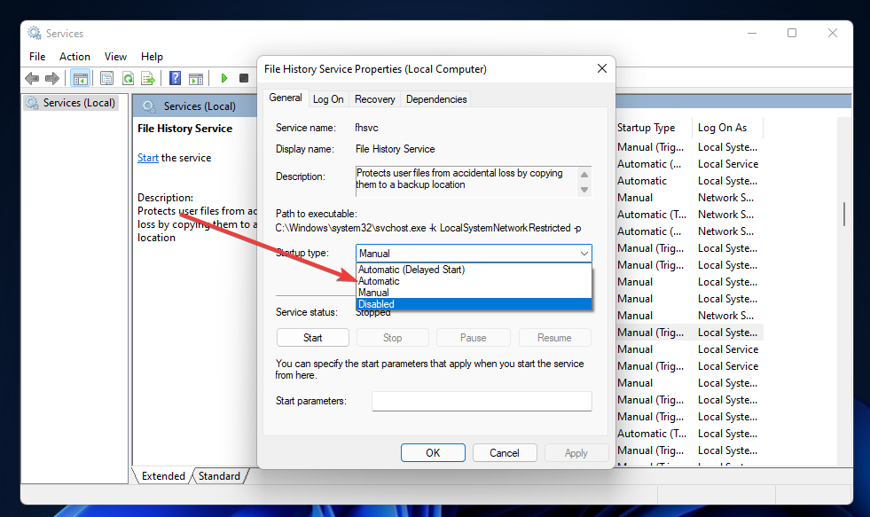 Свойства Службы истории файлов