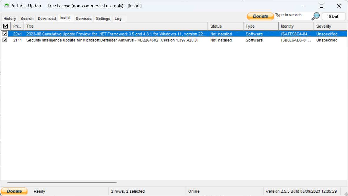Вкладка «Install» для установки обновлений в Portable Update