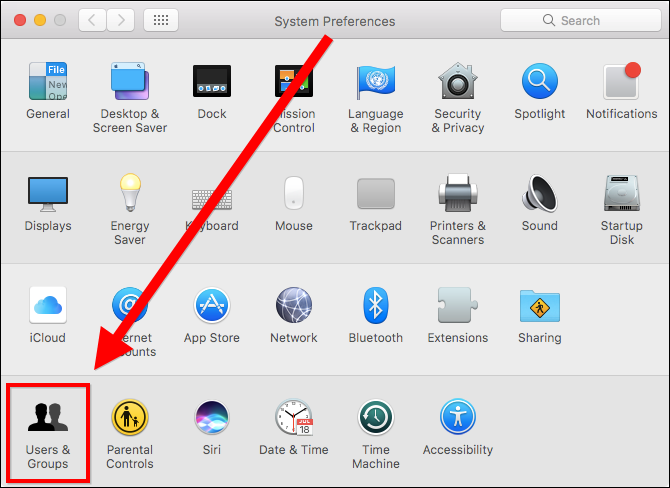 Окно Системных настроек: иконка Пользователи и группы