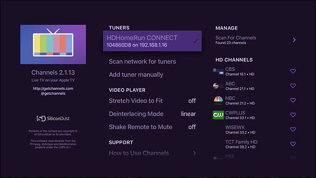 Список каналов в приложении Channels после поиска тюнера