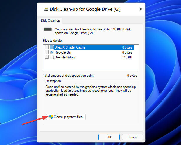 Кнопка очистки системных файлов