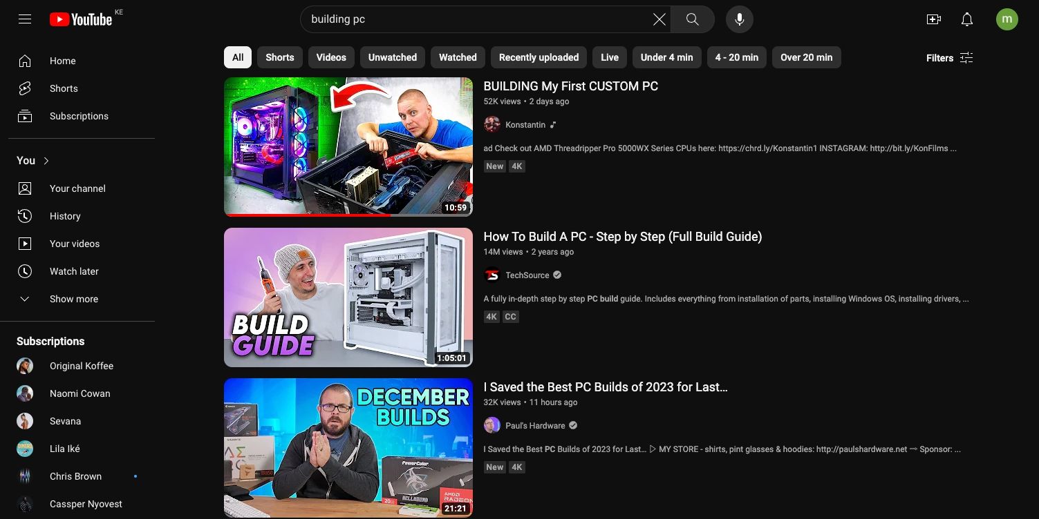 Ввод поискового запроса на YouTube и фильтры результатов