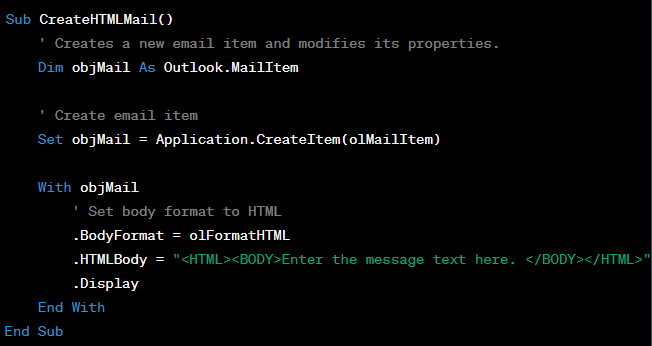 VBA Editor в Outlook с кодом макроса