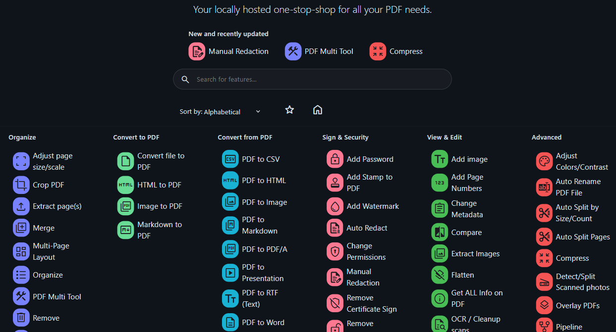 Интерфейс Stirling-PDF с набором инструментов для редактирования PDF.