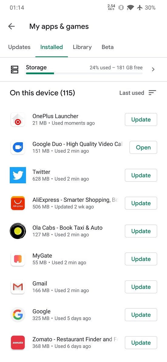 Сортировка приложений по последнему использованию в Play Store