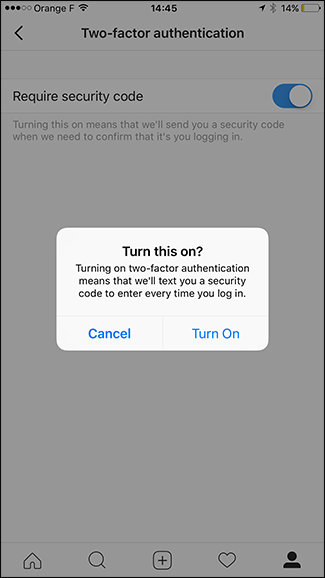 confirmation screen for turning on 2FA