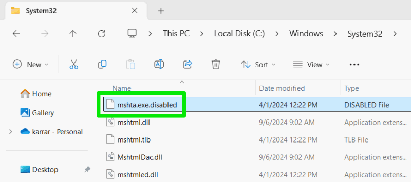 Переименование mshta.exe для отключения исполнения .hta