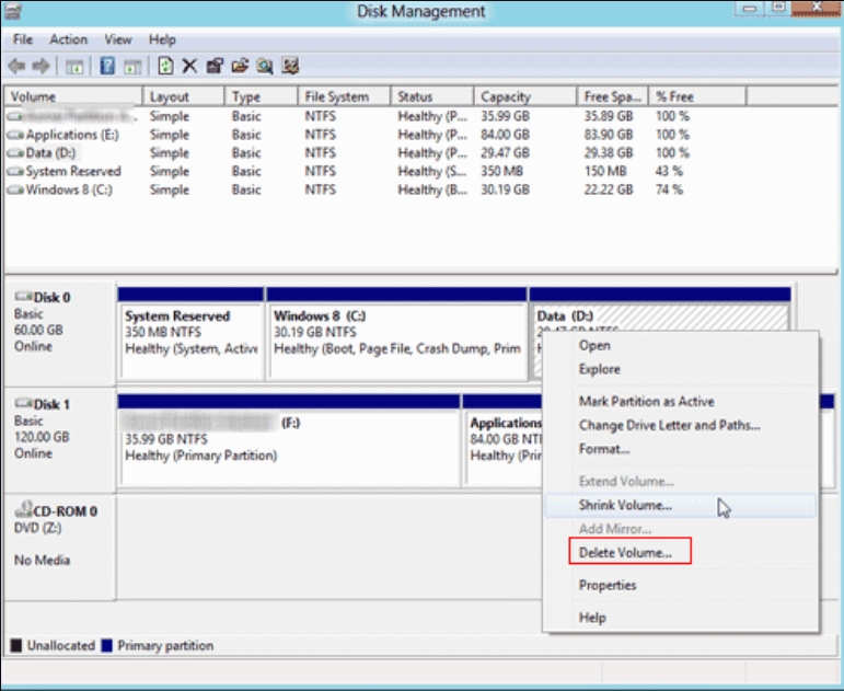 Контекстное меню тома с опцией Удалить том