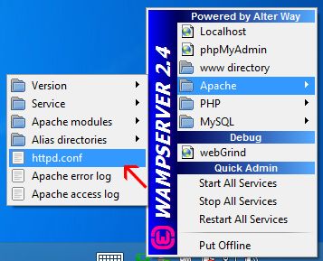 Меню WampServer с доступом к httpd.conf Apache
