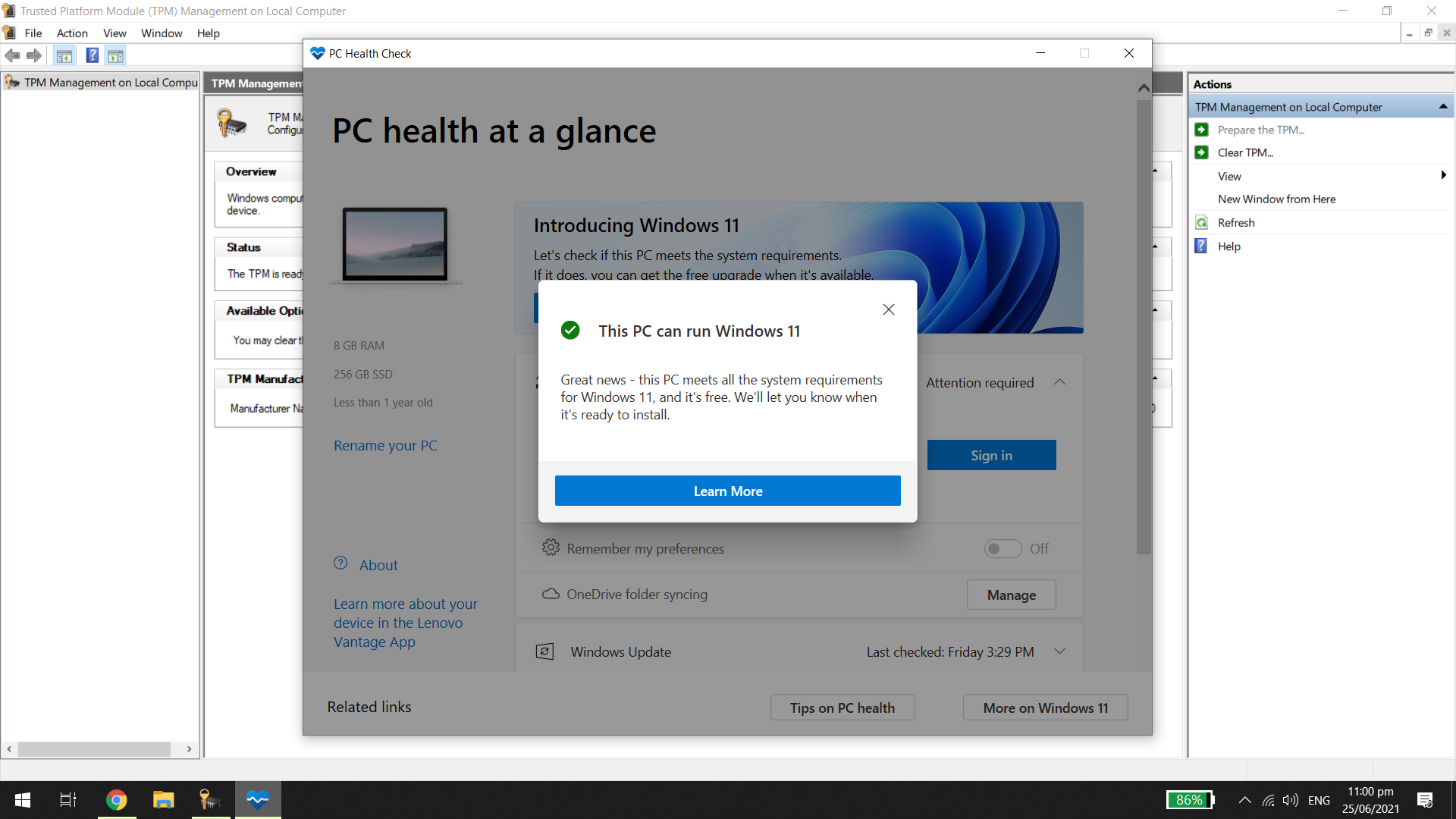 Сообщение о том, что ПК может запустить Windows 11