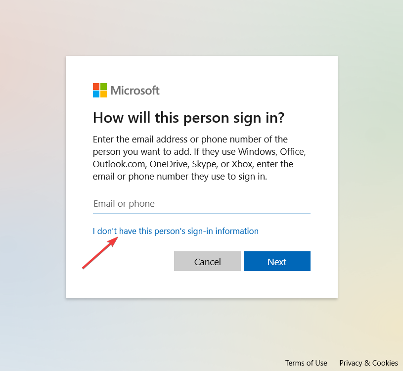 Опция «У меня нет данных для входа этого человека»