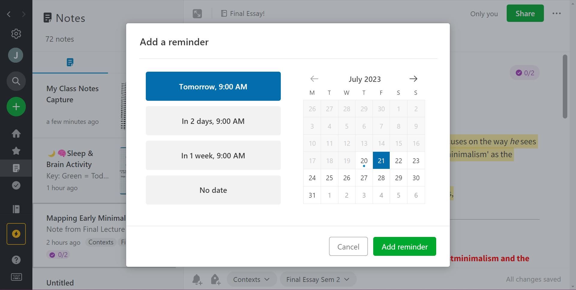 Инструмент добавления напоминания в Evernote
