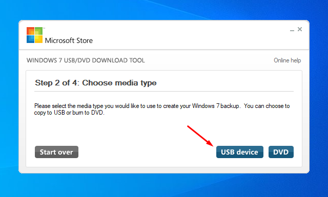 Выбор типа носителя: USB или DVD
