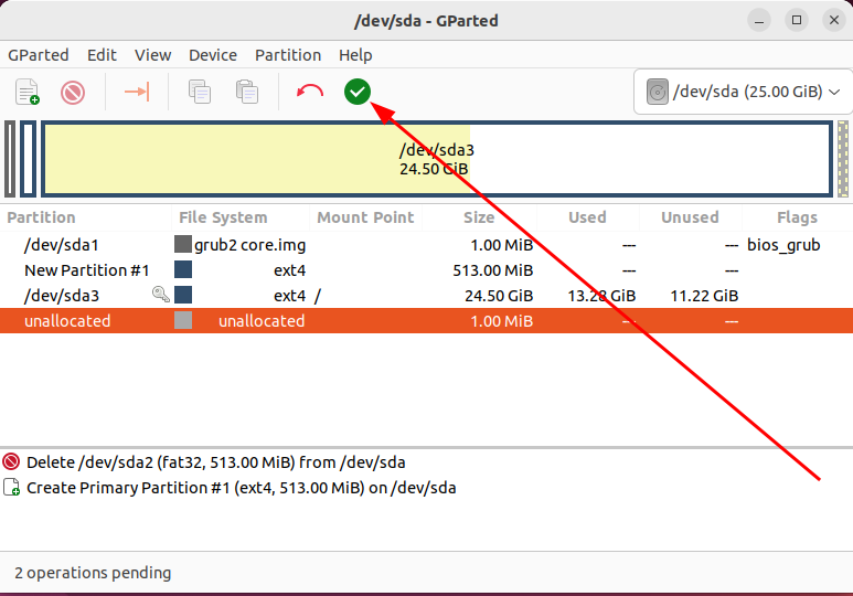 Список ожидающих операций в GParted с подтверждением