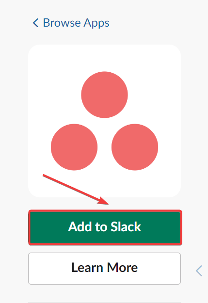 Esempio del pulsante Add to Slack nella pagina dell'app Asana