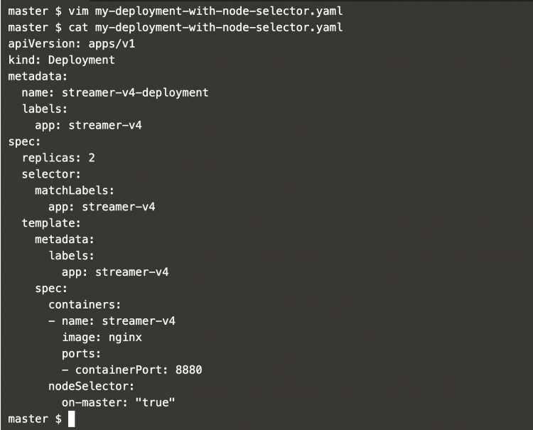 Deployment с nodeSelector: Pods запланированы только на master