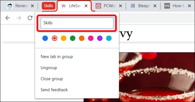 Выберите цвет группы, чтобы визуально выделять её на панели вкладок.