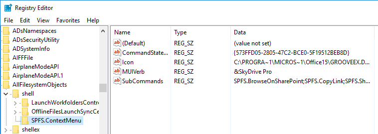 Navigazione alla chiave del Registro dove si trova SPFS.ContextMenu