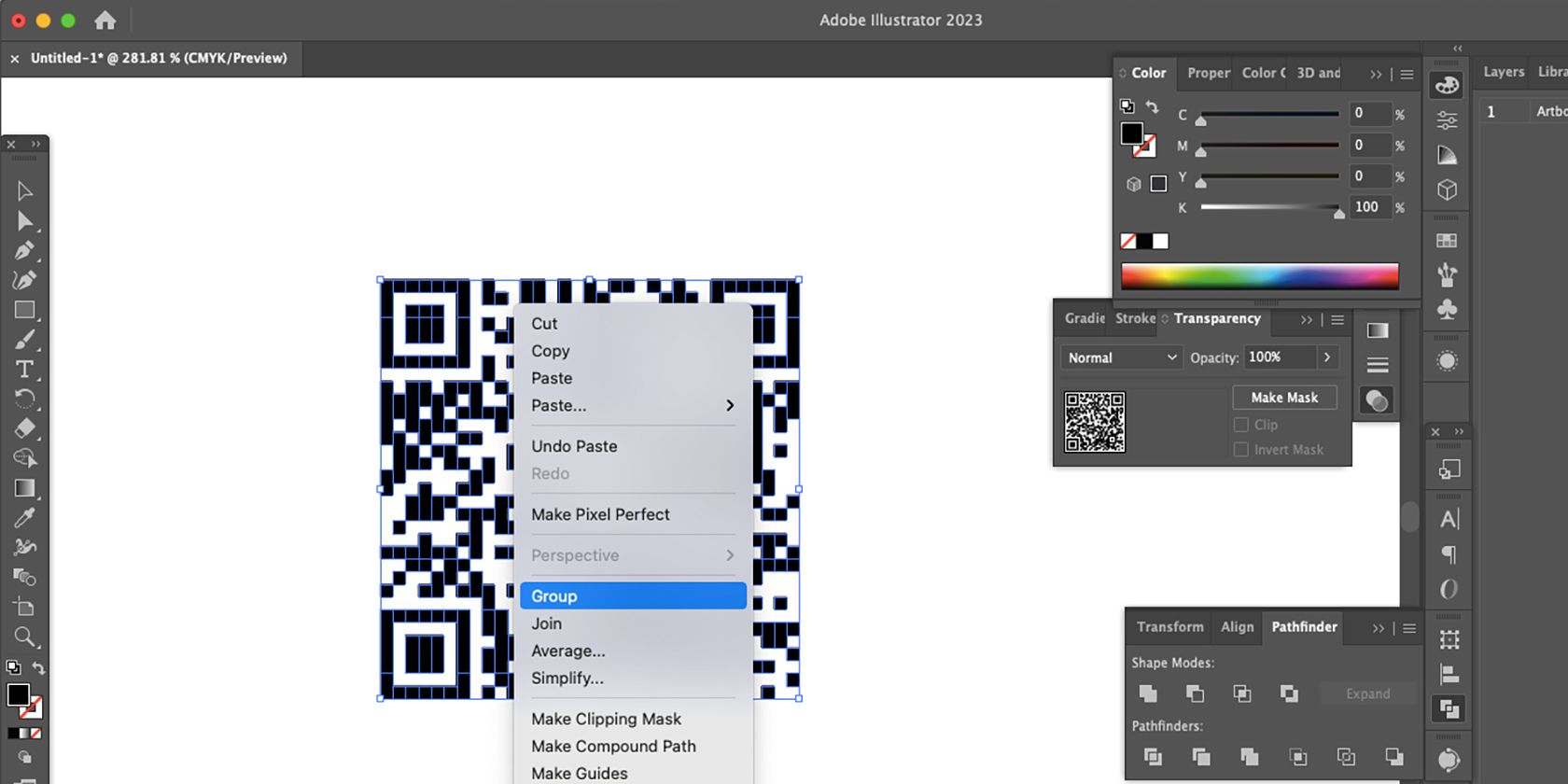 Группировка векторов в Adobe Illustrator для предотвращения смещения элементов QR-кода