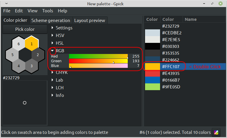 Отображение RGB-значений для выбранного hex-кода в Gpick