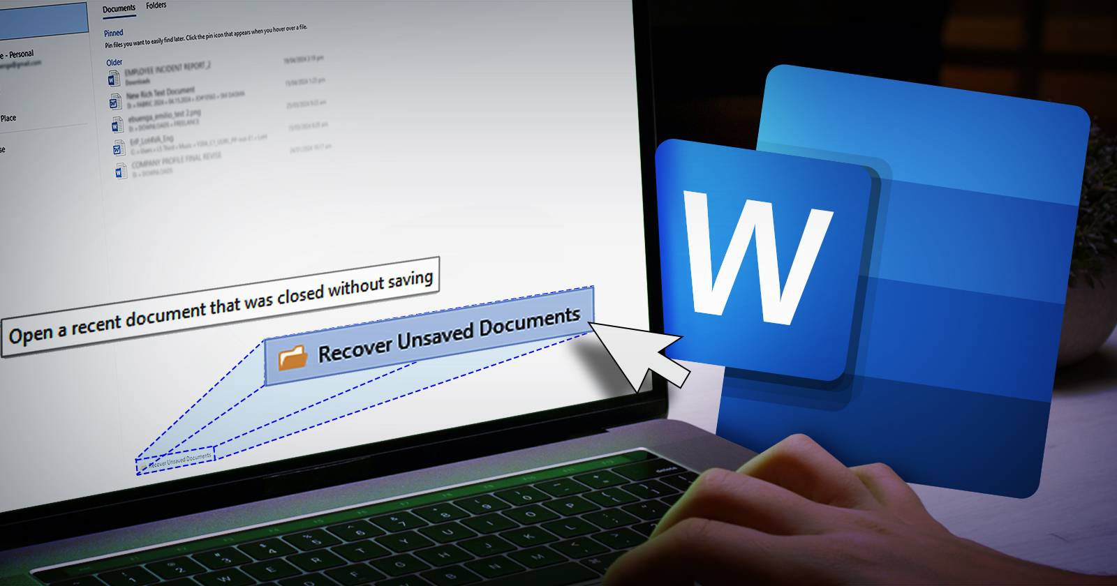 Экран ноутбука с интерфейсом Microsoft Word и кнопкой «Восстановить несохранённые документы», рядом логотип Word