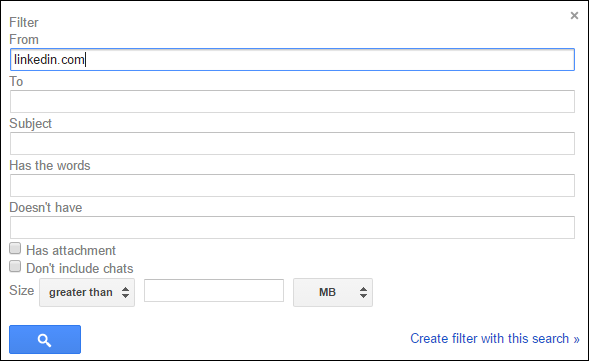 Пример фильтра в Gmail, отфильтровывающего linkedin.com