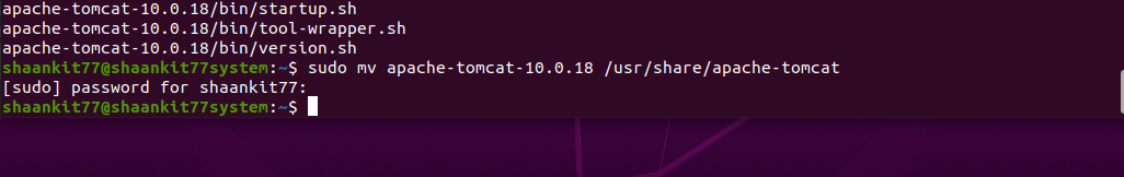 Команда перемещения директории Tomcat в системное расположение