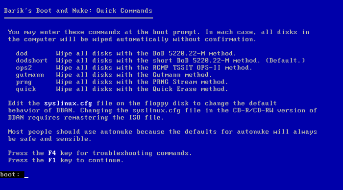 Интерфейс DBAN с опциями перезаписи и кнопкой запуска операции