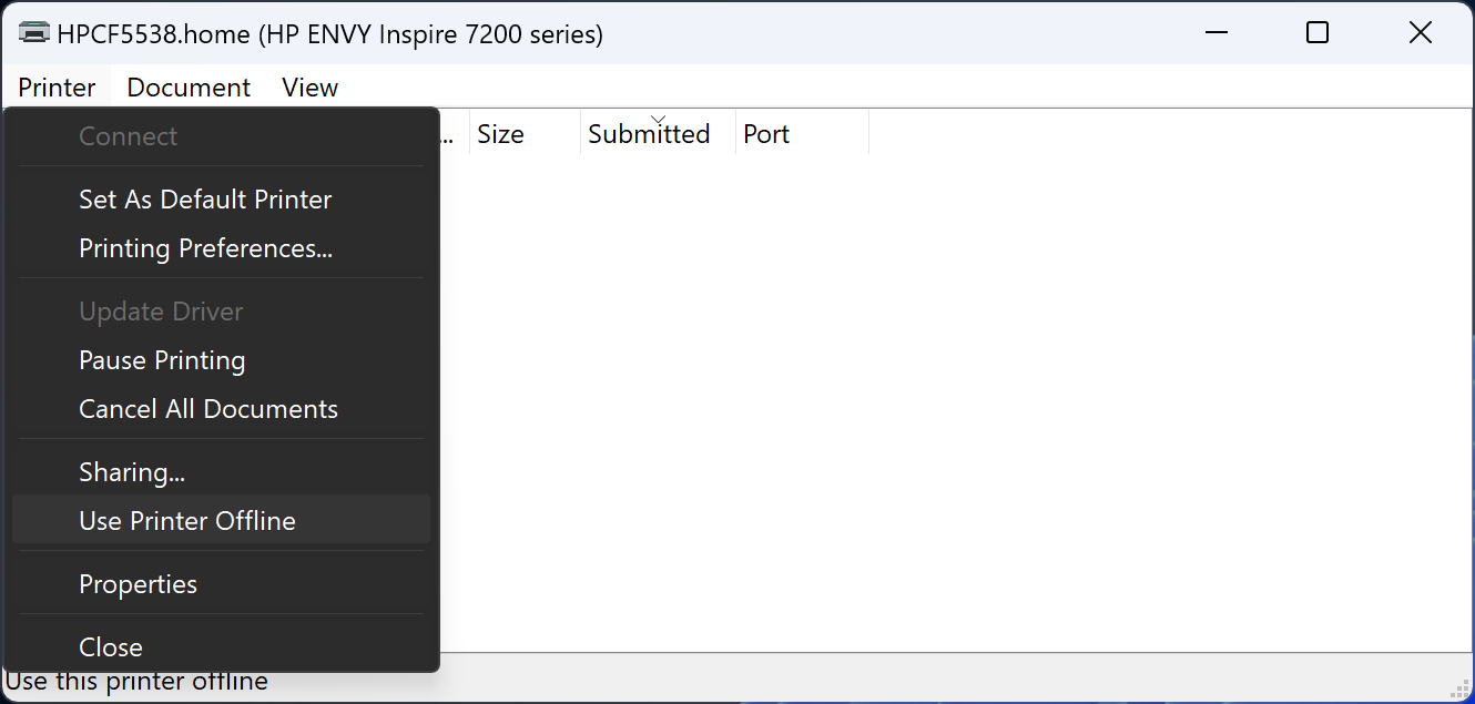 Выделен пункт «Использовать принтер в автономном режиме» в Windows 11