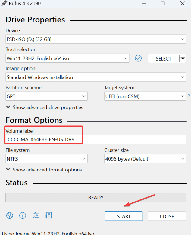 Переименование диска в Rufus