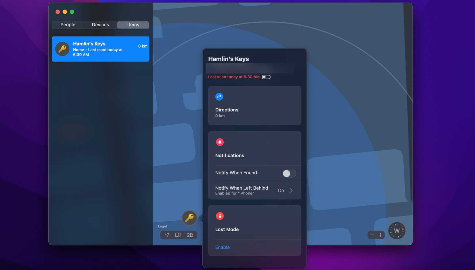 Поиск предметов с помощью «Локатор» на Mac — пример списка предметов и карты