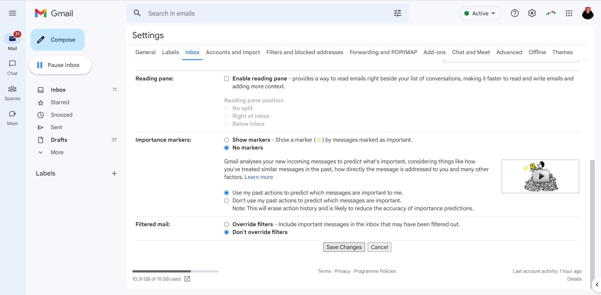 Настройки вкладки «Входящие» в Gmail
