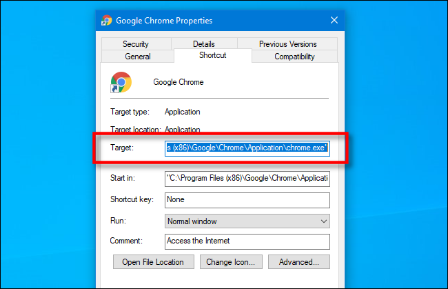 Найдите путь в поле «Объект» для ярлыка Google Chrome в Windows 10