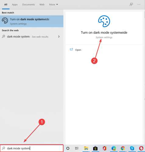 Поиск настройки системного тёмного режима в Windows