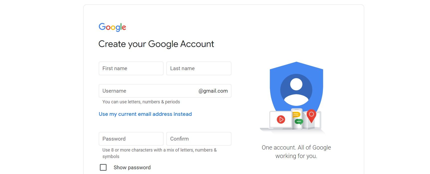 Страница создания аккаунта Google