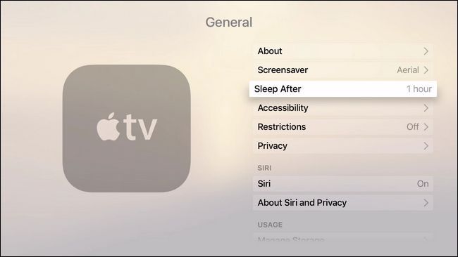Пункт меню Спать через в настройках Apple TV