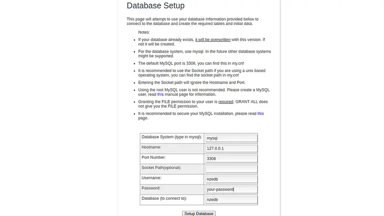 Ввод данных базы данных в установщике nZEDb
