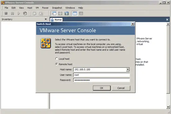 Список обнаруженных VMware Server в клиенте