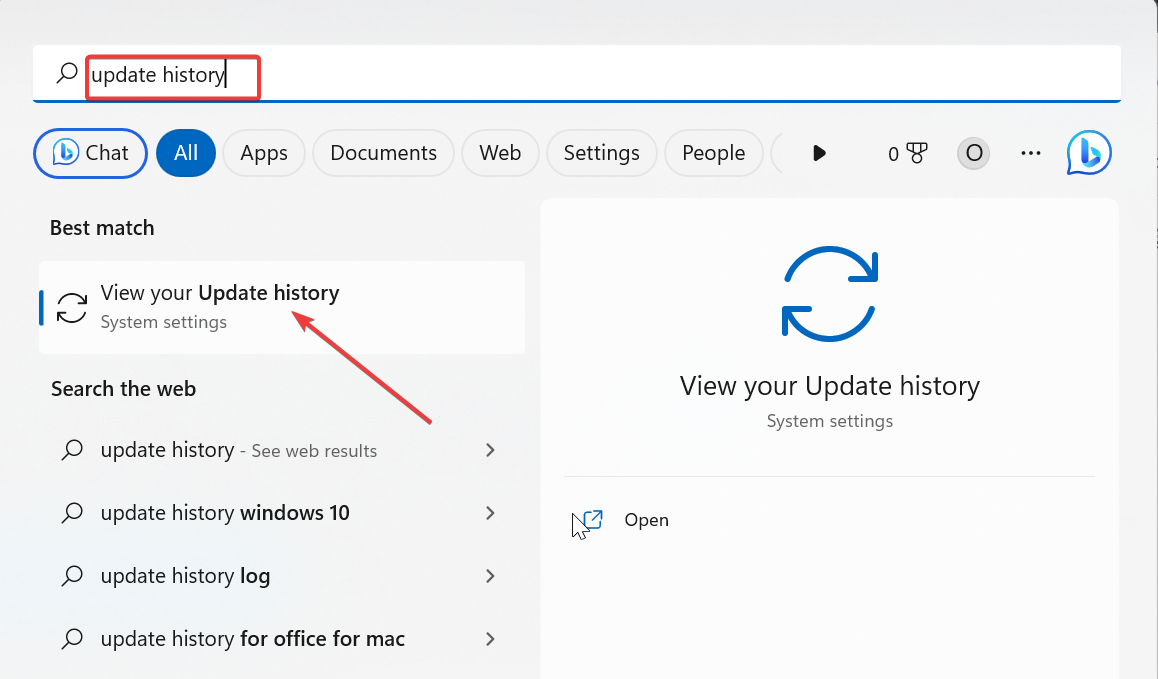 Просмотр истории обновлений Windows
