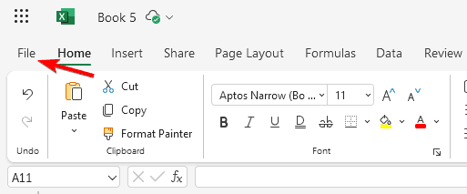 Меню Файл в Excel Online