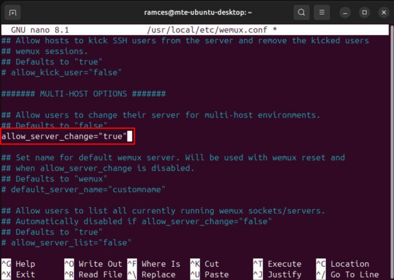 Разрешение allow_server_change в конфигурации Wemux.