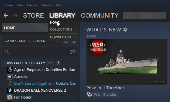Библиотека Steam — список игр в приложении