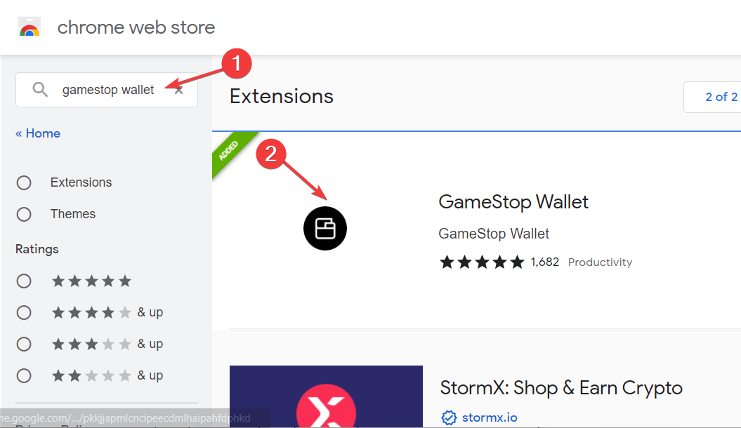результат поиска расширения GameStop Wallet