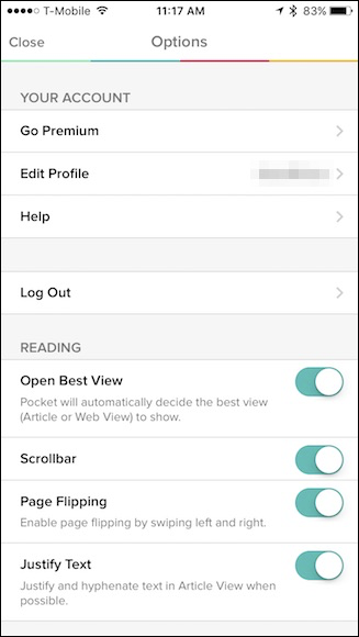 Экран настроек мобильного приложения с параметрами офлайн и вида чтения