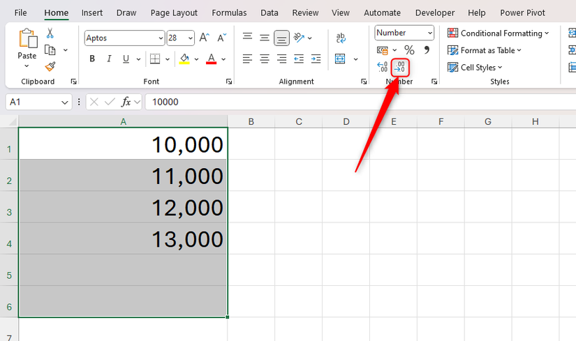 Celle Excel contenenti numeri selezionate e il pulsante Riduci decimali evidenziato.