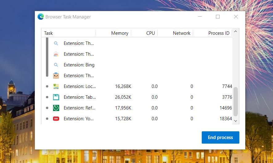 Окно диспетчера задач браузера Edge