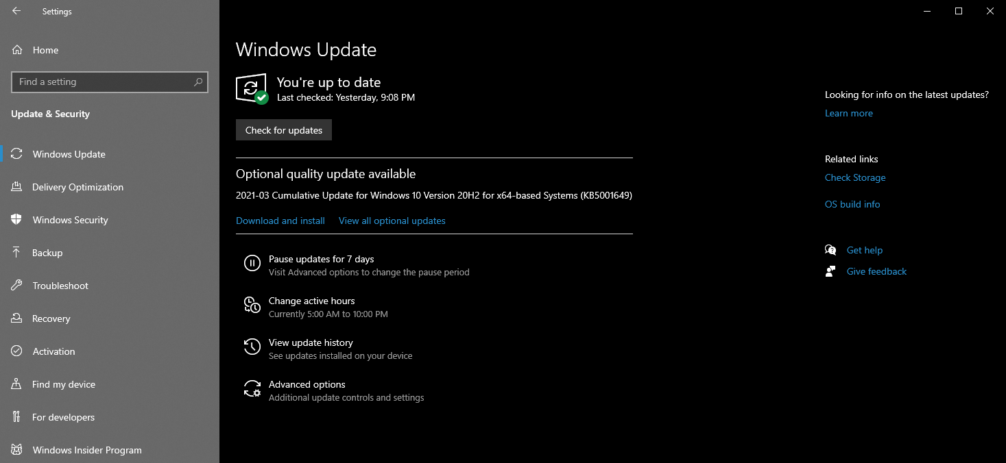 Окно «Проверка наличия обновлений» в Windows 10