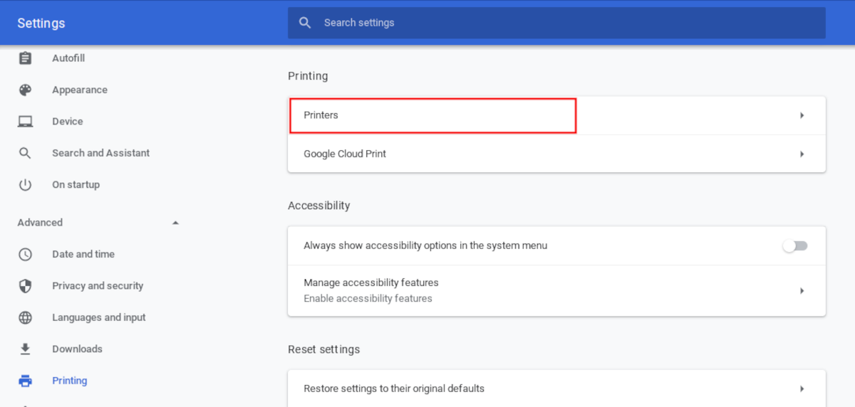Выбор раздела принтеров на Chrome OS